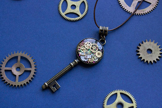 Steampunk Key - Key Necklace - Steampunk Necklace - Mechanical Key - Resin Jewelry - Resin Steampunk - Gears Necklace by WonderFoxJewelry steampunk buy now online