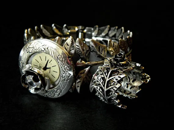 Steampunk slave bracelet Secret of the Silver Rose, steam punk locket fantasy decorated bangle, ring, dial, hidden secret, keepsake pictures by EmilySteampunk steampunk buy now online