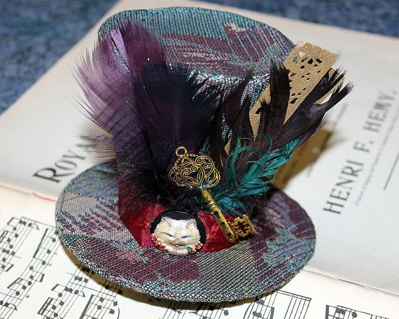 Tapestry steampunk mini top hat. Cosplay top hat. Mini top hat with key and cat. Handmade Steampunk mini top hat. Made in Australia by DragonzWenchEmporium steampunk buy now online