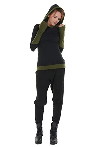 Hoodie thumbhole woman / Casual Long Sleeve Shirt / Hooded Pullover Sweatshirt Winter with cuffs by 3Elfen, black green XS steampunk buy now online