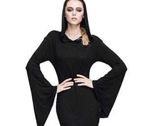 Devil Fashion Steampunk Gothic Women's Pure Black Cotton Horn Sleeve Dress How110 (L, Black) steampunk buy now online