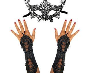 Gothic Masquerade Long Finger Loop Gloves & Venetian Lace Halloween Mask Set steampunk buy now online