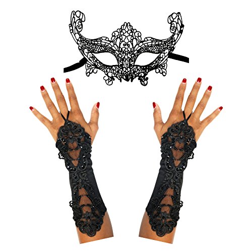 Gothic Masquerade Long Finger Loop Gloves & Venetian Lace Halloween Mask Set steampunk buy now online
