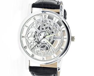 Men's Hollow Engraving Black PU Leather Strap Steampunk Wrist Watch-Silver steampunk buy now online