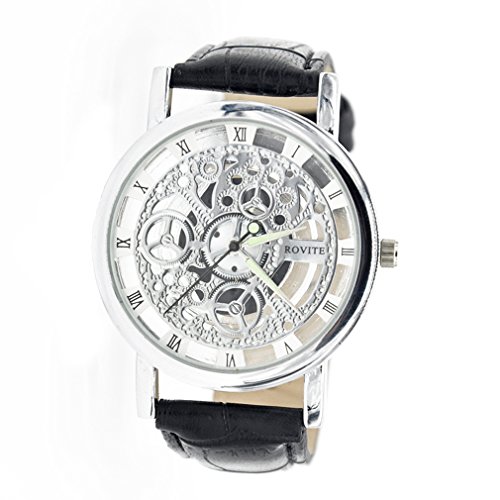 Men's Hollow Engraving Black PU Leather Strap Steampunk Wrist Watch-Silver steampunk buy now online