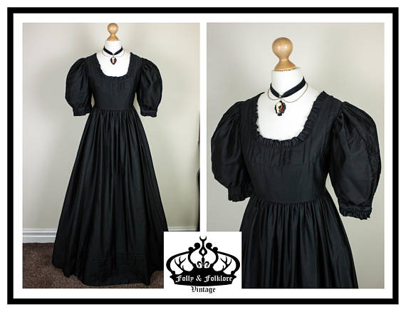 70s Laura Ashley &#039;Made in Wales&#039; Black Cotton, Gothic Regency Style Ball Gown With Puff Sleeves,Maxi,Prairie,Victorian,Size XS/S by FollyFolkloreVintage steampunk buy now online