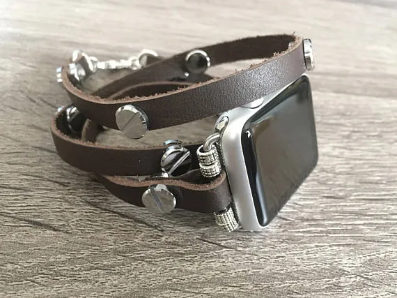 Brown Leather Bracelet for Apple Watch Handmade Multi Wrap Wristband Silver Multi Rivets Bracelet Fashion Apple Watch Band Jewelry Strap by htparts steampunk buy now online