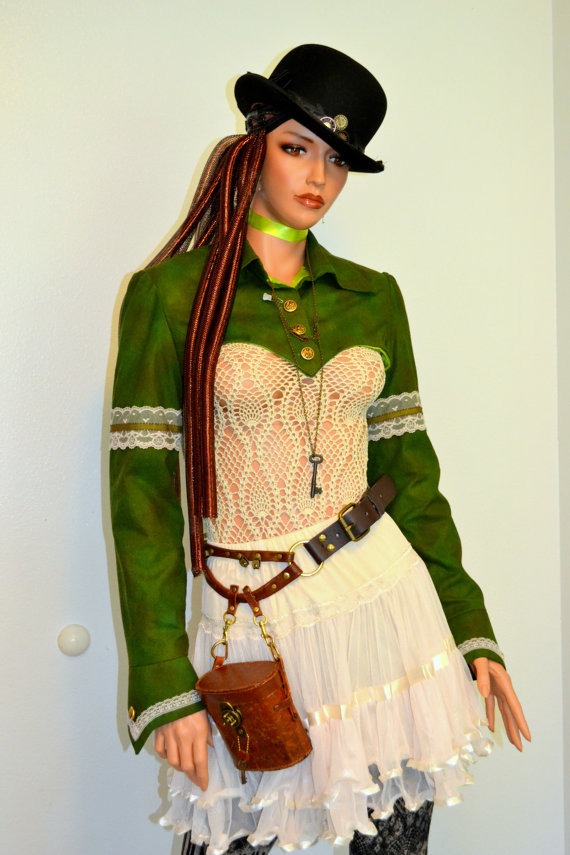 Cropped Steampunk jacket, Moss Green short jacket by RomanyRapture steampunk buy now online