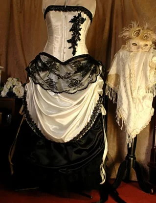 CUSTOM MADE Virginia - Ivory and Black wedding gown with steel boned corset by BoundByObsession steampunk buy now online