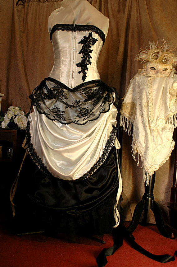 CUSTOM MADE Virginia - Ivory and Black wedding gown with steel boned corset by BoundByObsession steampunk buy now online