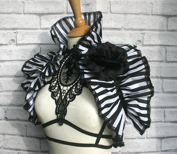 GOTHIC SHRUG, GOTHIC collar, steampunk shrug, burlesque costume, black rose, beetlejuice, black and white stripe, halloween, shoulder wrap by FemmeGothique16 steampunk buy now online