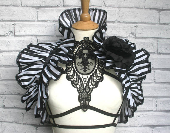 HALLOWEEN BLACK & WHITE shrug, gothic shrug, beetlejuice, steampunk, pirate shrug, black rose brooch, opera shrug, burlesque shrug, by FemmeGothique16 steampunk buy now online