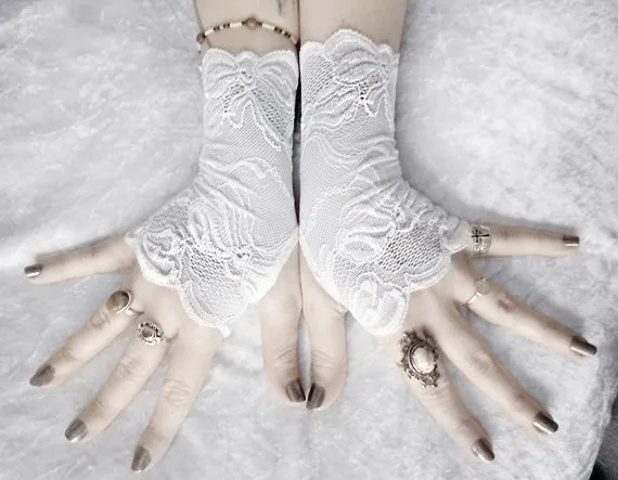 Lola Lace Fingerless Gloves | Snow White Embroidered Bows | Wedding Gothic Bridal Burlesque Belly Dance Mori Girl Fetish Goth Quinceanera by ZenAndCoffee steampunk buy now online