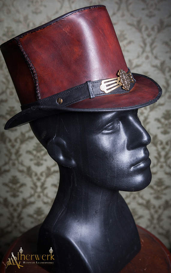Ornate Leather TopHat redbrown, Size 55,5-57cm, Single Piece by lederatelierberlin steampunk buy now online