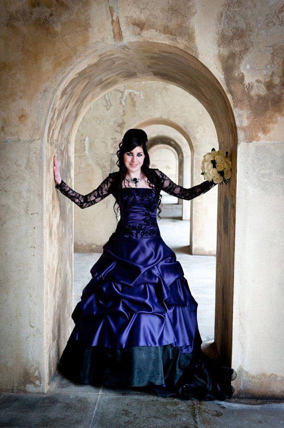 Purple Gothic Wedding Dress Offbeat Alternative with French Pickups and Train by WeddingDressFantasy steampunk buy now online