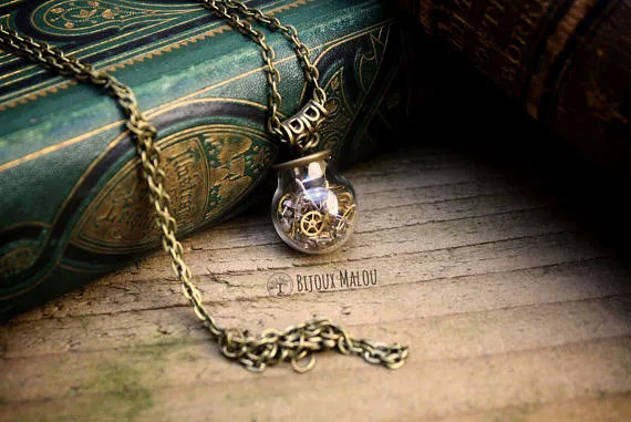 Recycled Watch Parts in Glass Globe Necklace Gears Recycled Jewellery Upcycled Necklace Steampunk Necklace Terrarium Necklace by BijouxMalou steampunk buy now online