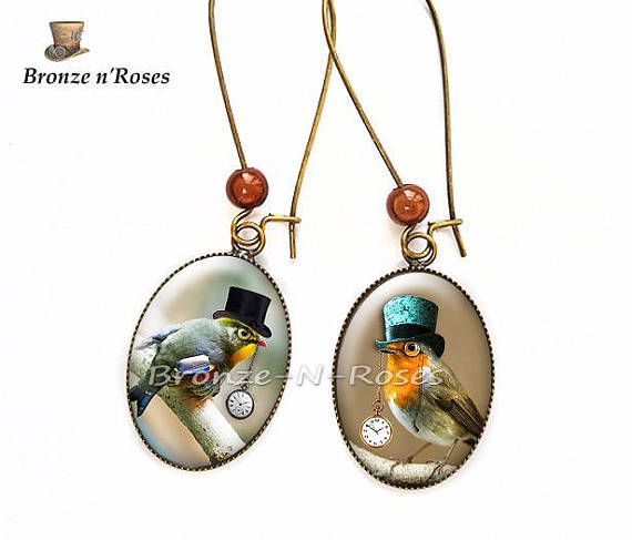 Steampunk birds birds Christmas gift Hat cabochon earrings by BronzeNroses steampunk buy now online