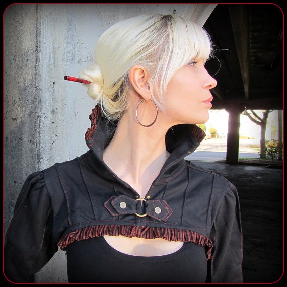 Steampunk cropped jacket w/ brass ~ shrug, bolero ~ Victorian Vampire Goth collar ~ Red stripe ruffles, black lace, brown, puffed sleeve by TalismanaDesigns steampunk buy now online