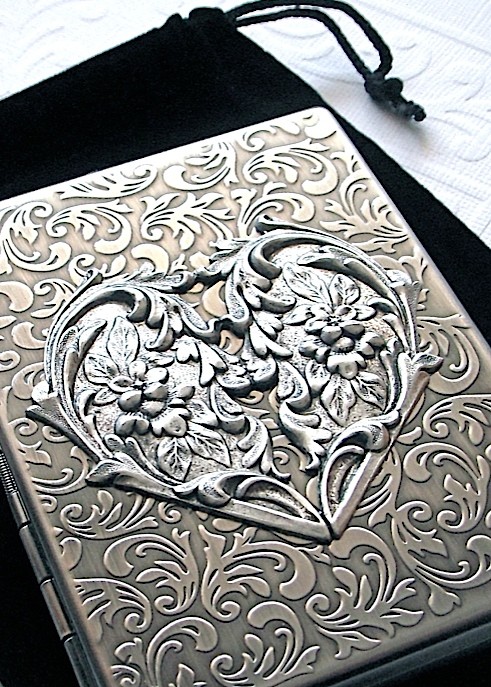 Steampunk Heart Cigarette Case Gothic Victorian Card Holder Art Nouveau Floral Design Rustic Antiqued Silver Tone Finish by CosmicFirefly steampunk buy now online