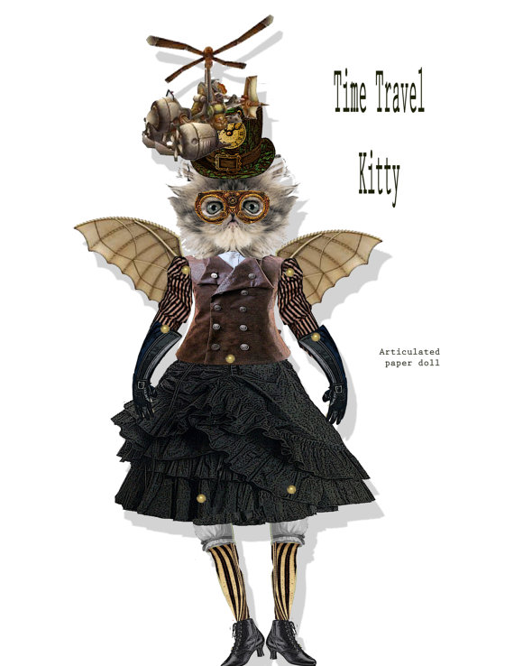 Steampunk paper doll time traveler kitty articulated puppet doll toy DIY instant download by Raidersofthelostart steampunk buy now online