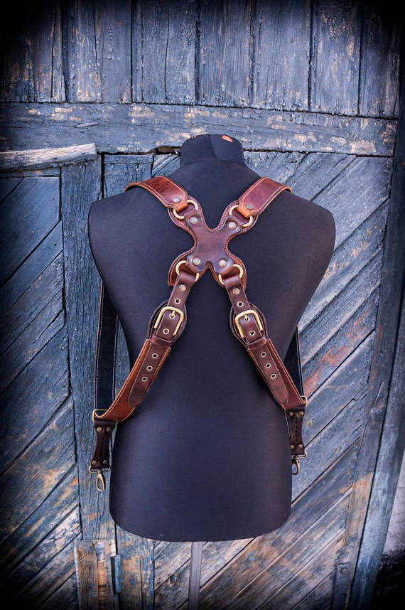 Steampunk styled Double Camera Harness, Dual Leather Camera Strap, Leather Camera Harness Multicamera Strap by HeretikGifts steampunk buy now online