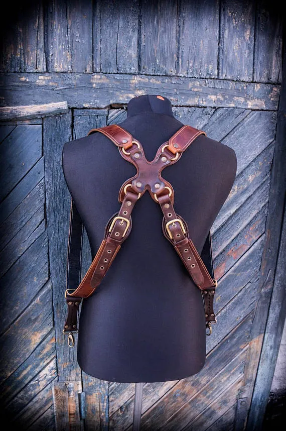 Steampunk styled Double Camera Harness, Dual Leather Camera Strap, Leather Camera Harness Multicamera Strap by HeretikGifts steampunk buy now online