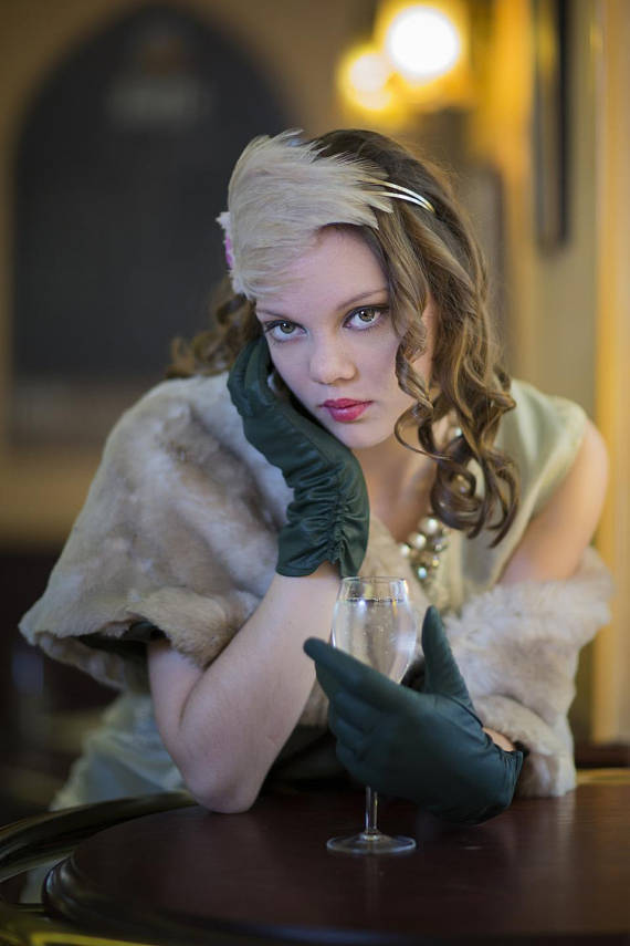 Stole fur beige, satin lining of green silk, fur beige and green satin shawl, Bridal, 20s shawl stole by AnneSophieToniazziFR steampunk buy now online