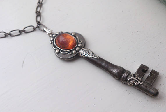 Upcycled antique key necklace with fire opal glass cab steampunk choice of chain length by DoILookPhatInThis steampunk buy now online