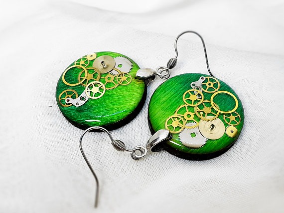 Vivid green round wood steampunk earring wooden earrings clockwork jewelry gears in resin steampunk jewelry steampunk by ByEmilyRay steampunk buy now online