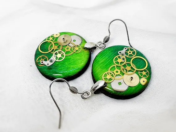 Vivid green round wood steampunk earring wooden earrings clockwork jewelry gears in resin steampunk jewelry steampunk by ByEmilyRay steampunk buy now online