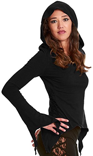 PIXIE HOODIE, Side lacing cotton top, laced up t-shirt, psytrance top, STEAMPUNK TOP (Medium / Large - UK 12 / 14, BLACK) steampunk buy now online