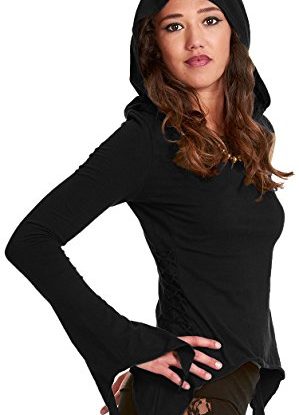 PIXIE HOODIE, Side lacing cotton top, laced up t-shirt, psytrance top, STEAMPUNK TOP (Medium / Large - UK 12 / 14, BLACK) steampunk buy now online
