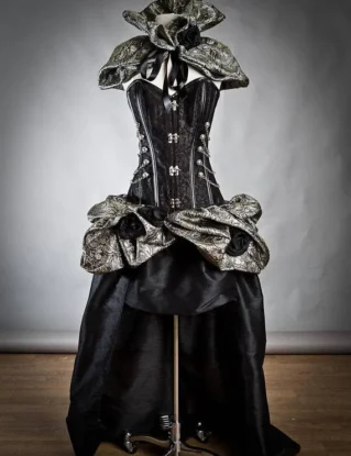 Custom Size Black Silver and Gold Steampunk Burlesque corset bustled train chain and roses prom dress small-xl by Glamtastik steampunk buy now online