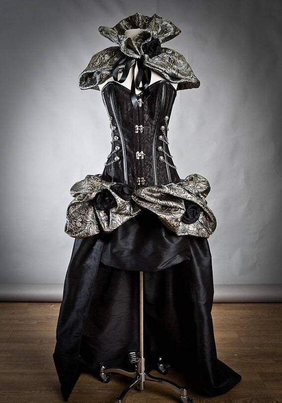 Custom Size Black Silver and Gold Steampunk Burlesque corset bustled train chain and roses prom dress small-xl by Glamtastik steampunk buy now online