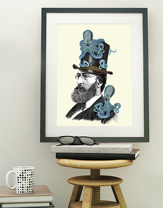 Dr Octopus Poster : Nautical print geekery wall décor octopus print octopus illustration geeky print Steampunk art top hat Octopus décor by LoopyLolly steampunk buy now online