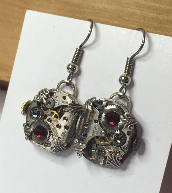 Garnet Time Traveler Small Vintage Watch Movement Earrings - Prong Set, Swarovski Crystal, Industrial, Retro, Steampunk, Great Gift! by TheRobotPrincess steampunk buy now online