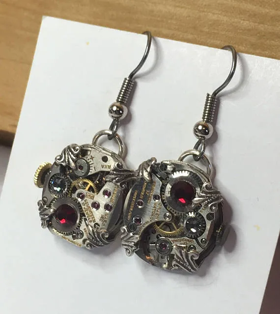 Garnet Time Traveler Small Vintage Watch Movement Earrings - Prong Set, Swarovski Crystal, Industrial, Retro, Steampunk, Great Gift! by TheRobotPrincess steampunk buy now online Garnet Time Traveler Small Vintage Watch Movement Earrings - Prong Set, Swarovski Crystal, Industrial, Retro, Steampunk, Great Gift! by TheRobotPrincess steampunk buy now online