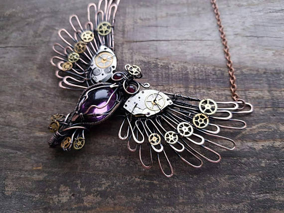 Owl queen, Owl necklace, Steampunk owl, Amethyst owl, Bird necklace by AlmostRealFlowersArt steampunk buy now online