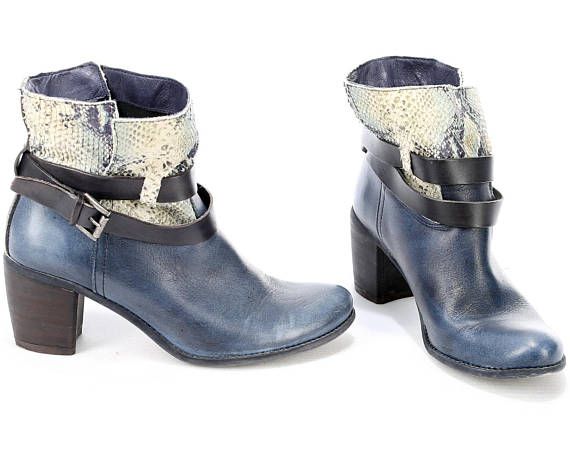 size 8.5 STEAMPUNK Boots 90s Blue Chelsea Snakeskin Western Ankle Boots Vintage Double Strap Leather Wide Fit Half Booties Uk 6 Eur 39 by Taibaka steampunk buy now online