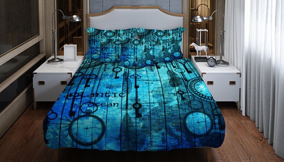 Steampunk Bedding, Comforter or Duvet Cover, Blue Ocean , Watch, Map , Nautical, Twin, Full, Queen King, Throw Pillow by FolkandFunky steampunk buy now online