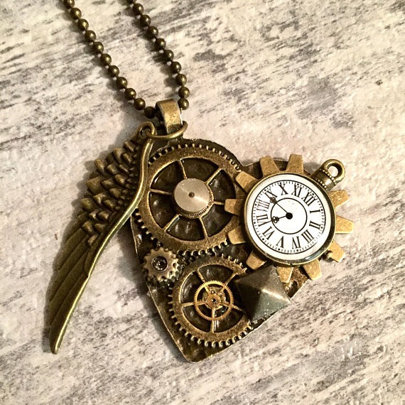 Steampunk Heart Pendant, Steampunk Jewelry, Angel Wing Necklace, Bronze Gears Watch Parts Pocket Watch Charm, Valentines Jewellery Gift by OneStopSteamShoppe steampunk buy now online