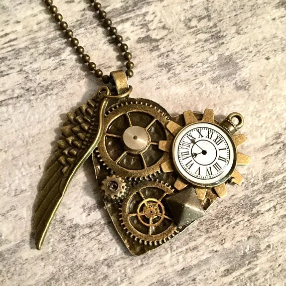 Steampunk Heart Pendant, Steampunk Jewelry, Angel Wing Necklace, Bronze Gears Watch Parts Pocket Watch Charm, Valentines Jewellery Gift by OneStopSteamShoppe steampunk buy now online