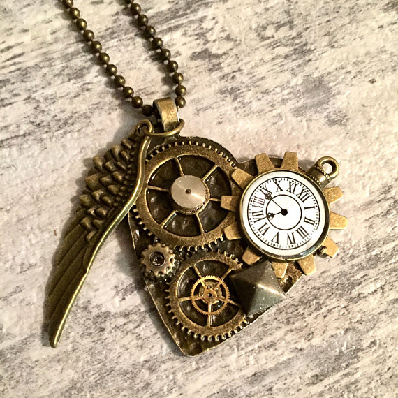Steampunk Heart Pendant, Steampunk Jewelry, Angel Wing Necklace, Bronze Gears Watch Parts Pocket Watch Charm, Valentines Jewellery Gift by OneStopSteamShoppe steampunk buy now online