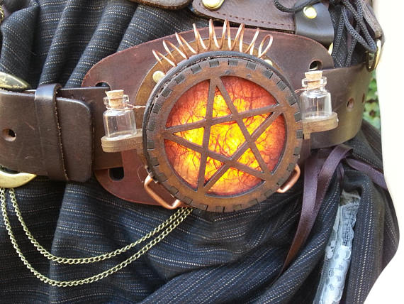 Steampunk Lamp, Unique Accessories, Valentine Present, Pagan, Wicca, Witch, Geek Gift, Hand tooled Brown Leather, Wood, Wearable Belt Lamp, by Harlotsandangels steampunk buy now online