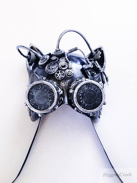 steampunk Mask Cat Goggle Masks Steampunk Metallic Silver Gold Gatto mask with Goggle Cat face Masks by HigginsCreek steampunk buy now online