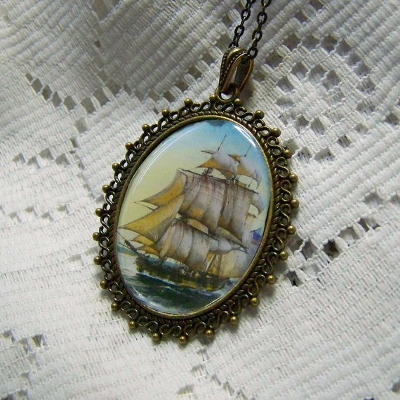 Tall Ship Large Pendant - Schooner - Nautical Art Necklace - Steampunk - Pirate Ship - Sailing Ship - Antiqued Gold Windjammer Clipper Ship by SouthernBelleOOAK steampunk buy now online