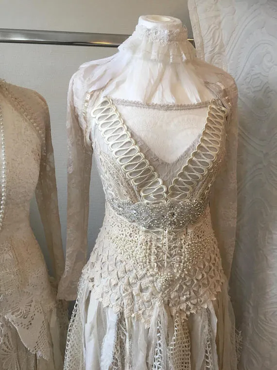 Wedding dress lace,handmade bridal gown,ethereal wedding dress,Rawrags,steampunk wedding dress, Victorian wedding dress beaded,eco by RAWRAGSbyPK steampunk buy now online