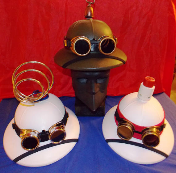 3 Three Steampunk military helmets / hats for one price, save 52 dollars, one of a kind,size adjustable, 2 white polymer and 1 green, by HARVEYHELMETS steampunk buy now online