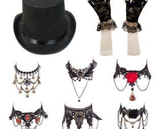 Ladies Steampunk Halloween Fancy Dress Set (Top Hat, Lace Gloves, Necklace) steampunk buy now online