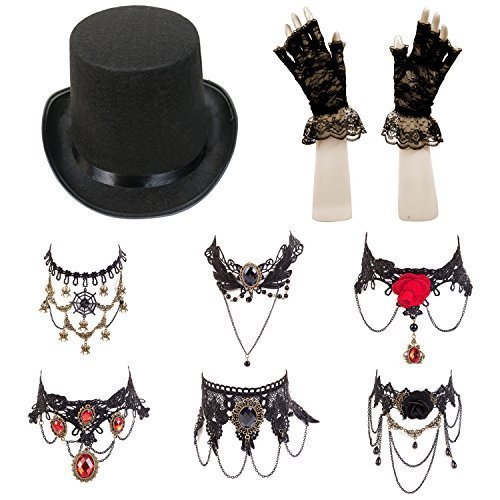 Ladies Steampunk Halloween Fancy Dress Set (Top Hat, Lace Gloves, Necklace) steampunk buy now online
